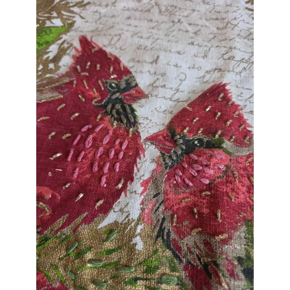 Christmas Birds Pillow Cover Beige Red Cardina Beaded Linen Blend 19x19